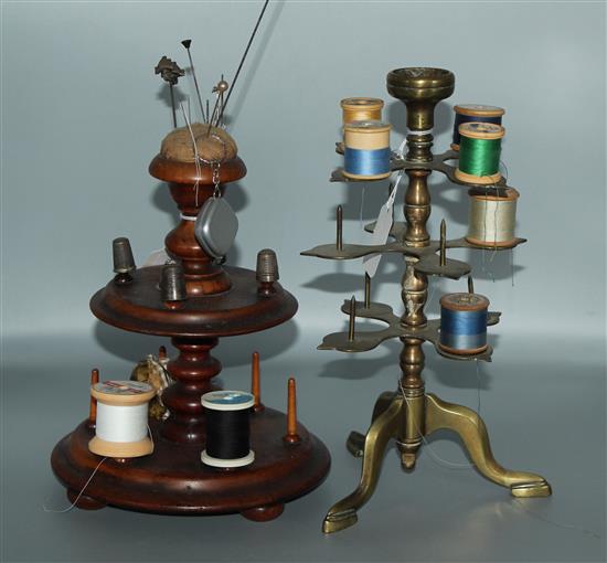 Brass tripod three-tier cotton reel stand and a Vict wooden two-tier stand with pincushion top